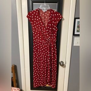 Robbie Bee red with white polka dot wrap dress midi length size small.